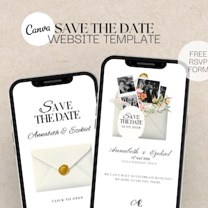 Może przedstawiać: Dwa smartfony wyświetlające szablon zaproszenia ślubnego. Tekst "SAVE THE DATE" jest widoczny, wraz z imionami "Annabeth & Ezekiel". Jeden telefon pokazuje kopertę ze złotą pieczęcią. Drugi wyświetla zdjęcia i kompozycje kwiatowe.