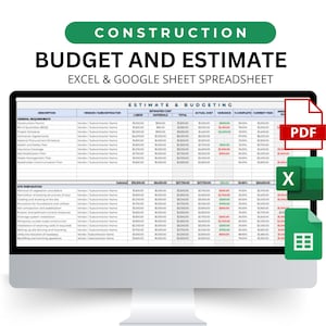 Könnte beinhalten: Ein Computerbildschirm zeigt eine Tabellenkalkulation mit dem Titel "Construction Budget and Estimate Excel & Google Sheet Spreadsheet". Die Tabellenkalkulation ist in Spalten mit Überschriften wie "Beschreibung", "Lieferant/Subunternehmer", "Arbeit", "Geschätzter Kosten", "Gesamt", "Tatsächliche Kosten", "Abweichung", "% Fertig", und "Aktueller Trend" unterteilt. Die Tabellenkalkulation ist für die Verfolgung von Bauprojektbudgets und -schätzungen konzipiert. Der Bildschirm zeigt auch Symbole für PDF, Excel und Google Sheets.