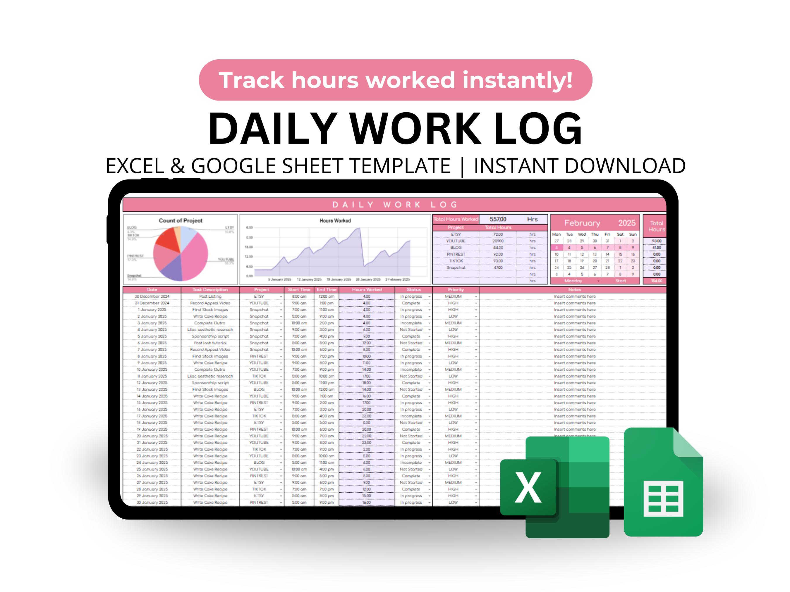EDITIERBARE Tägliches Arbeitslogbuch Excel-Vorlage Zeitverfolgung Projekte Prioritäten Stunden Zusammenfassung Leistungs-Tracker
