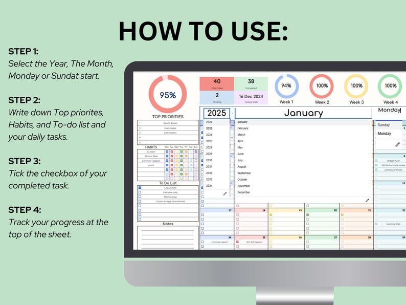 May include: A digital planner displayed on a computer screen, featuring a calendar for the year 2025, a section for top priorities, habits, and a to-do list. The planner is designed to help users track their progress and stay organised.
