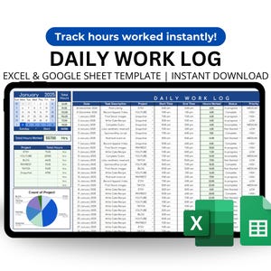 EDITABLE Daily Work Log Excel Template Track Time Projects Priorities Hours Worked Summary accomplishment tracker