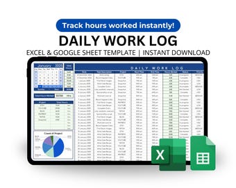 EDITABLE Daily Work Log Excel Template Track Time Projects Priorities Hours Worked Summary accomplishment tracker