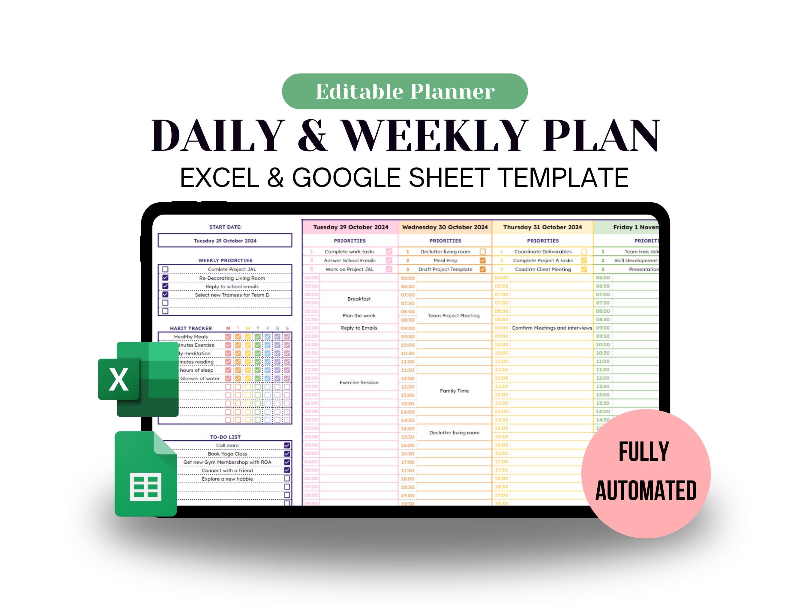 編集可能な Excel プランナー デジタル プランナー 週間アジェンダ デジタル日次スケジュール テンプレート 日次スケジュールと週間プラン 日次チェックリスト To Do リスト