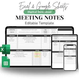 EDITABLE Weekly Meeting Notes | Google Sheets | Meeting Agenda, Minutes, and Action List | Meeting Summary Dashboard | Google Spreadsheet