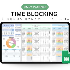 Puede incluir: Un planificador diario digital con un calendario, un gráfico de bloqueo de tiempo y un gráfico circular que muestra el total de horas asignadas a diferentes categorías. Las categorías incluyen trabajo, escuela, familia, salud y negocios. El planificador se titula "Time Blocking + Bonus Dynamic Calendar".