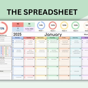 May include: A colourful printable planner for the month of January 2025. The planner includes sections for top priorities, habits, to-do list, and notes. It also has a calendar with daily boxes for scheduling appointments and tasks. The calendar is divided into weeks, with each week having a different colour.