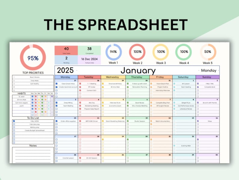 May include: A colourful printable planner for the month of January 2025. The planner includes sections for top priorities, habits, to-do list, and notes. It also has a calendar with daily boxes for scheduling appointments and tasks. The calendar is divided into weeks, with each week having a different colour.