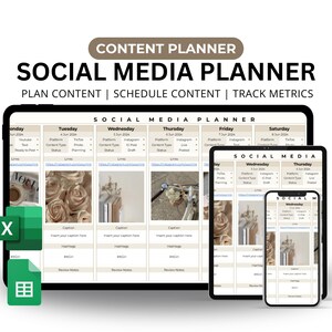 Könnte beinhalten: Ein digitaler Social-Media-Planer mit einem Kalenderlayout. Der Planer enthält Abschnitte für Plattform, Content-Typ, Bildunterschrift, Hashtags und Review-Notizen. Der Planer wird auf einem Computerbildschirm, einem Tablet und einem Smartphone angezeigt.