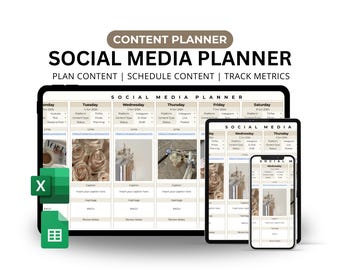 May include: A digital social media planner with a calendar layout. The planner includes sections for platform, content type, caption, hashtags, and review notes. The planner is displayed on a computer screen, a tablet, and a smartphone.