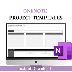 Może przedstawiać: Ekran komputera wyświetlający szablon projektu OneNote z tekstem "Brainstorming & Analysis" i "Execution Plan". Logo OneNote jest widoczne w prawym dolnym rogu. Tekst "Natychmiastowe pobieranie" jest wyświetlany u dołu obrazu.