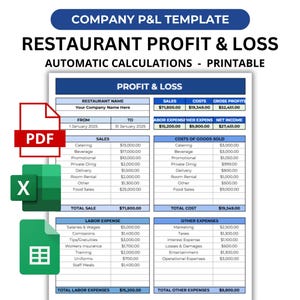 Restuarant Profit and Loss Restaurant Income Statement, Restaurant Revenue & Expense Tracker Restaurant Business Financial Spreadsheet