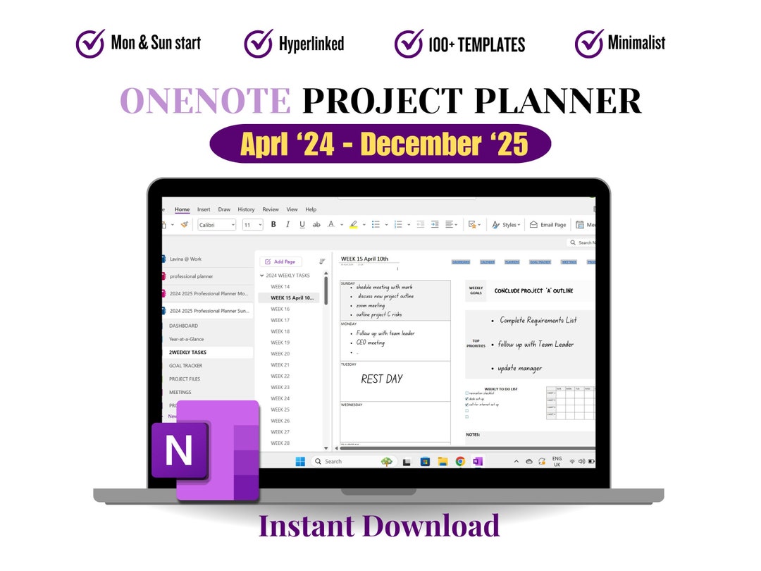 Editable Onenote Planner 2024 2025 for Project Management, 2025 Onenote Digital Planner for Work