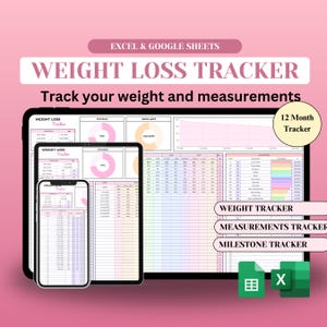 Gewichtsverliestracker voor Excel Google Spreadsheets, gewichtsverliesplanner, dagelijkse wekelijkse weeggrafiek, logboek lichaamsmetingen, gewichtsdagboek