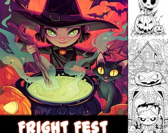 May include: A black and green witch with a pointed hat stirs a cauldron of green liquid with a wooden stick. A black cat with yellow eyes sits beside the cauldron. The image is titled "Fright Fest: A Chibi Halloween Coloring Adventure" and includes the text "50 Coloring Pages".