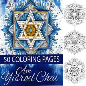 May include: A coloring book cover with 50 coloring pages featuring a blue and gold Star of David mandala design. The title of the book is "Am Yisroel Chai".