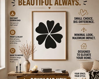 Minimal Abstract Flower Wall Art Print | Black & White Botanical Printable | Scandinavian Modern Decor Neutral Living Room Digital Download