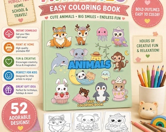 Animals Easy Digital Coloring Book | 52 Cute Printable Animal Coloring Pages for Kids Toddler & Preschool Activity Book Instant Download PDF
