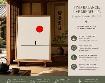 Minimalistyczna grafika ścienna zen do druku | Japońskie słońce | Abstrakcyjny japoński nadruk | Sztuka ścienna Japandi | Pobieranie cyfrowe dekoracji wabi sabi