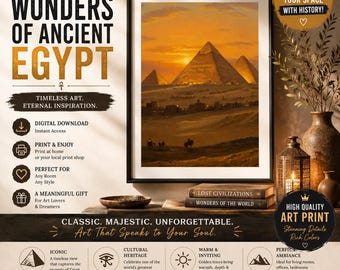 Egypt Pyramids Printable Wall Art | Ancient Egypt Sunset Oil Painting | Giza Pyramid Print | Desert Landscape Decor | Digital Download
