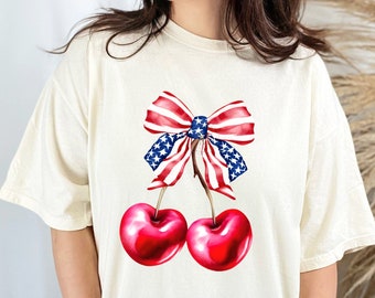 Cherry Coquette American Flag Bow PNG, 4th of July Sublimation (Digital Download)