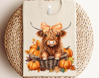 Vaca de las Tierras Altas Otoño PNG, Calabazas, Hojas (Descarga digital)