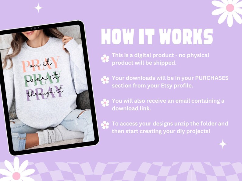 May include: A digital download for a graphic design featuring the text "Pray on it, Pray over it, Pray through it" on a gray sweatshirt. The text is in a colorful font with pink, green, and purple accents.