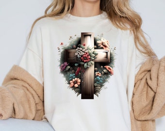 Croix florale PNG, Clipart chrétien de Pâques, conception de chemise religieuse (téléchargement numérique)