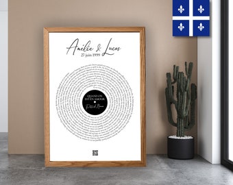 Affiche de Vinyle Personnalisée, Paroles de Chanson, Anniversaire de mariage, paroles vinyle, Affiche musicale personnalisée, Québec.