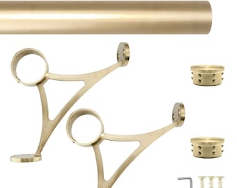 Hand Crafted Custom Combination Foot Rail Kit, Satin Golden Finish Stainless Steel Tubing, Connector, Bar Mount Bracket, Flat End Cap, 2&quot;OD