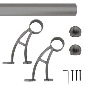 Hand Crafted Custom Wall Mount Foot Rail Kit, Dark Gray Finish Stainless Steel Tubing w. Connector, Bar Mount Bracket, Domed End Cap, 2&quot; OD