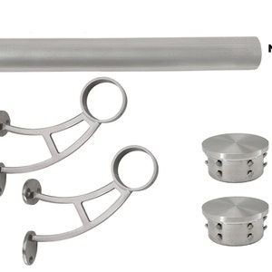 Hand Crafted Custom Wall Mount Foot Rail Kit, Satin Brush Finish Stainless Steel Tubing, Connector, Bar Mount Bracket, Flat End Caps, 2" OD