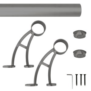 Hand Crafted Custom Wall Mount Foot Rail Kit, Dark Gray Finish Stainless Steel Tubing, Connector, Bar Mount Bracket, Tapered End Cap, 2&quot; OD