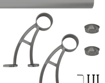 Hand Crafted Custom Wall Mount Foot Rail Kit, Dark Gray Finish Stainless Steel Tubing, Connector, Bar Mount Bracket, Tapered End Cap, 2&quot; OD