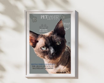 May include: A poster with a gray background featuring a brown and black cat with green eyes. The poster has the text "PETLOVER" in white letters and the text "20 Love tipps for gentlemen" in black letters. The poster also has the text "DISTINGUISHED EXCELLENCE: THE GRAND OPENING OF BALTHSSAR'S ACADEMY" in black letters. The poster has the text "Tells you all his secrets" in white letters. The poster has the text "Balthassar" in black letters with a paw print icon.