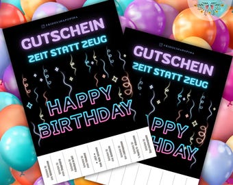 Cadeaubon voor een verjaardag "Tijd in plaats van spullen", voor stellen, lastminute cadeau, downloaden, blanco, ingevuld, afscheurbare bon, afscheurstrookje