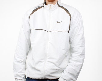 Nike Trackjacket Trainingsjacke Vintage Weiß Braun gestreift Solo Swoosh Y2K Baggy Größe XL Herren