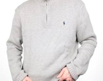 Polo Ralph Lauren Vintage Troyer Pullover Half-Zip in grau und marineblau gesticktes Logo Deluxe Gestrickt Knit Größe XXL Herren