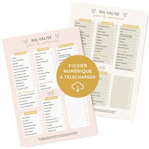 Pode incluir: Uma lista de verificação rosa e bege intitulada "Ma Valise pour la Maternité" (Minha mala para a maternidade) com seções para "Pour Moi" (Para mim), "Pour Bébé" (Para o bebê) e "Pour le Jour" (Para o dia). A lista de verificação inclui itens como pijamas, fraldas e artigos de higiene pessoal. A lista de verificação também inclui uma seção para "Petit Plus" (Pequenos extras) e "Les Papiers" (Os papéis).