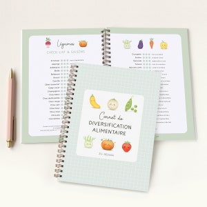 Peut inclure: Un carnet à spirales vert et blanc avec le titre "Carnet de DIVERSIFICATION ALIMENTAIRE" et une illustration amusante de légumes et de fruits. Le carnet contient une liste de contrôle pour différents légumes et leurs saisons.