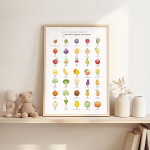 Póster de embarazo, frutas y verduras, crecimiento del bebé semana a semana.