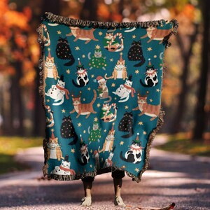 Jeté tissé de Noël, hiver, décoration de chat mignon, cottagecore, cadeau de pendaison de crémaillère, chats, tapisserie murale, fantaisiste, drôle, confortable