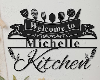 Custom Kitchen Metal Sign, Personalised Name Plaque, Kitchen Wall Decor, Farmhouse Kitchen Cabinet Decor,Wall Art for Dining Room,Restaurant