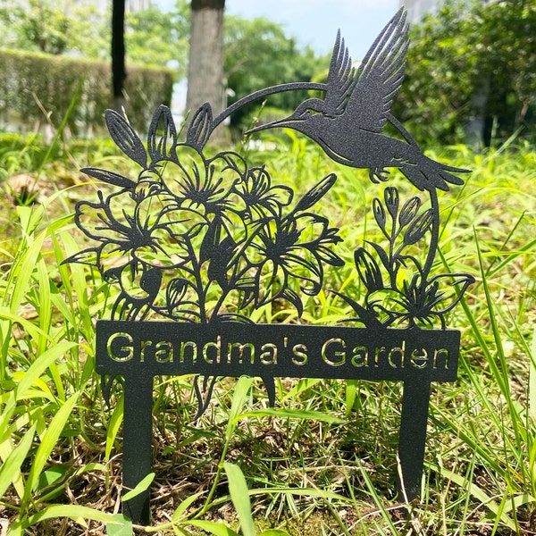 Décoration de jardin en métal colibri, nom de jardin personnalisé, enseigne de jardin personnalisée avec oiseau fleur, oiseau avec piquets, motif floral, cadeau pour la maison