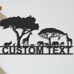 Decorazione murale in metallo personalizzata con animali, giraffe ed elefanti con cartello da parete, decorazione per la stanza con design safari personalizzato, cartello con nome, regali per la casa per papà