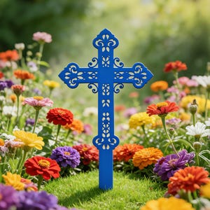 Pode incluir: Uma cruz decorativa azul vibrante com intrincados desenhos vazados está em um jardim. A cruz é cercada por flores coloridas em tons de vermelho, laranja, amarelo, rosa e roxo, em um fundo de folhagem verde.