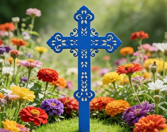 Custom Metal Cross Garden Stake, Personalised Scrolled Cross Front Yard Sign, Christian Easter Decor, Burial Stake Plaque, Religious Baptism