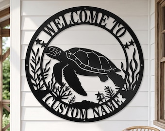 Custom Sea Turtle Metal Monogram Sign, Personalised Family Name Sign, Last Name Patio Decor, Beach House Sign,Tropical Patio Ocean Door Sign