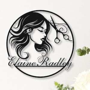 Cartello personalizzato con nome per parrucchiere, cartello personalizzato per parrucchiere, regali per parrucchiere, decorazione da parete per salone di bellezza con volto di donna, regali per parrucchiere