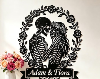 Custom Skeleton Couple Metal Name Sign, Personalised Skeleton Lovers Wall Art Decor,Gothic Birthday Wedding Anniversary Skull Couple Hanging