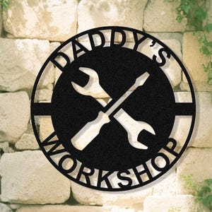 Insegna in metallo "Papas Work Shop" personalizzata, insegna per garage personalizzata, regalo in acciaio per papà e nonno, regalo per patrigni, regali per papà e nonno, regalo di Natale